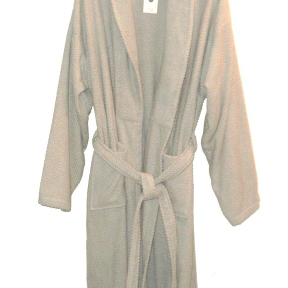 Linum Home Textiles Turkish Robe UNISEX L/XL Tan-Gray Herringbone Cotton NEW - Picture 2 of 7